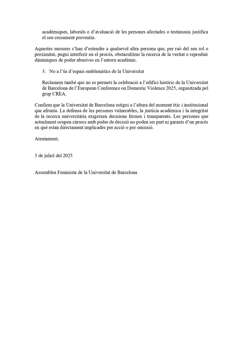 CGT Ensenyament 🚩🏴 (@cgtensenyament) on Twitter photo Fem difusió de la carta de l’Assemblea Feminista de la Universitat de Barcelona adreçada a les autoritats de la UB davant les denúncies públiques per abús de poder i coerció sexual vinculades al grup CREA.
✊ Si hi vols donar suport, escriu a📩 assembleafeministaub@gmail.com Fem difusió de la carta de l’Assemblea Feminista de la Universitat de Barcelona adreçada a les autoritats de la UB davant les denúncies públiques per abús de poder i coerció sexual vinculades al grup CREA.
✊ Si hi vols donar suport, escriu a📩 assembleafeministaub@gmail.com