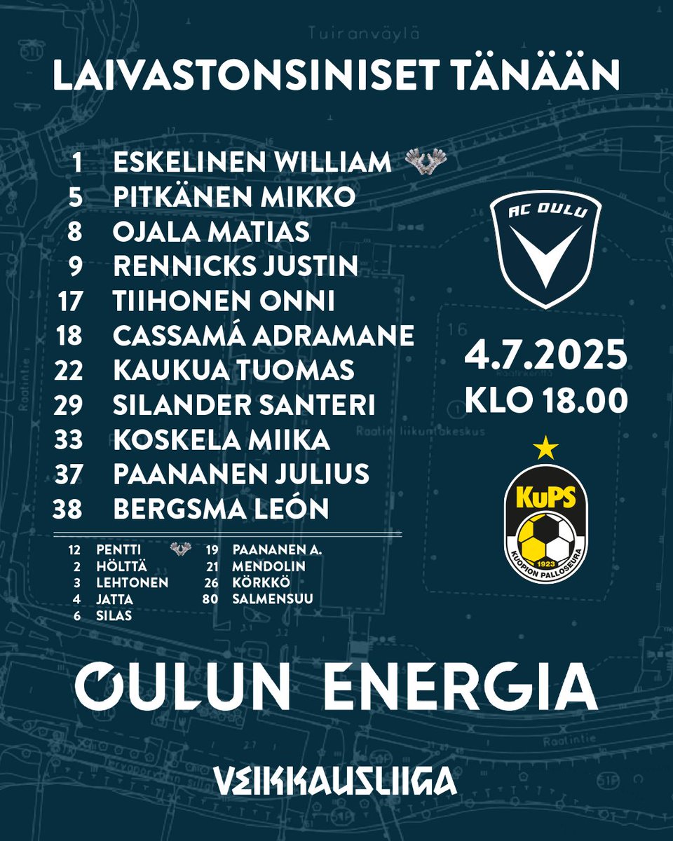 Avauskokoonpanon tarjoaa Oulun Energia! 

Molempien joukkueiden kokoonpanot löydät AC Oulun sovelluksesta.

⚽AC Oulu – KuPS
🗓Perjantaina 4.7.2025
⏰18.00
📍Raatin Stadion

#ACOulu
#Oulu
#Laivastonsiniset
#Veikkausliiga
#OulunEnergia