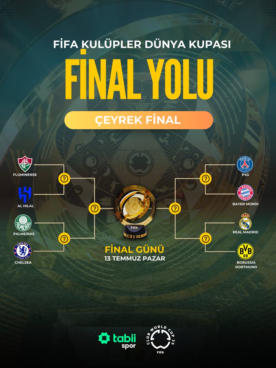 🏆 #FIFACWC | FIFA Kulüpler Dünya Kupası'nda Final Yolu!

🤩 İşte çeyrek final eşleşmeleri 👇

Fluminense - Al Hilal
Palmeiras - Chelsea
Paris Saint-Germain - Bayern Münih
Real Madrid - Borussia Dortmund