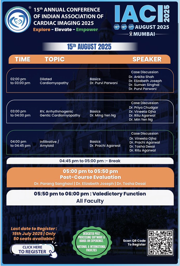 Be a part of the exciting and educative Cardiac MRI workshop, as a part of the Annual conference of The Indian Association of Cardiac Imaging-2025.

Register now at registration.iaciind.org

#iaciindia #iaci2025 #cardiacimaging