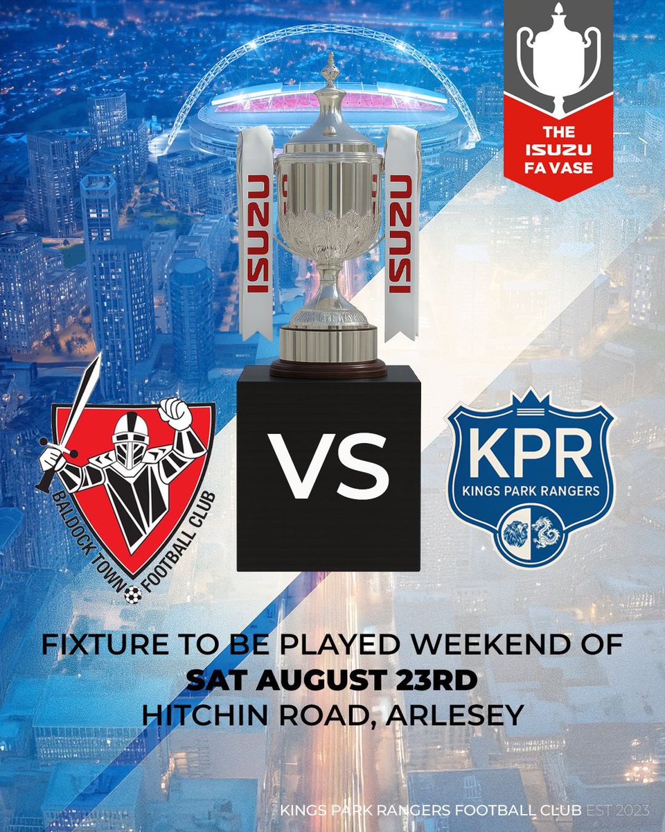 Kings Park Rangers F(C) (@kingsparkrfc) on Twitter photo Our first ever FA Vase game will be away to <a href="/baldocktownfc/">Baldock Town FC</a>.
The game is to be played on Saturday 23rd August 2025.
#UppaKings ๐ฅณ Our first ever FA Vase game will be away to <a href="/baldocktownfc/">Baldock Town FC</a>.
The game is to be played on Saturday 23rd August 2025.
#UppaKings ๐ฅณ