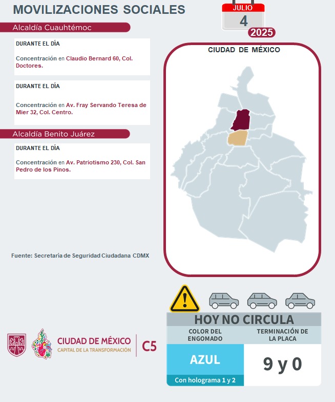 ⚠🗓 #ENTÉRATE | Para hoy, 4 de julio 2025, estas son las movilizaciones sociales previstas en la Ciudad de México. 

#C5ConConfianza #MovilidadCDMX #C5OjosDeLaCDMX 👀 #C5CorazónDeLaCDMX