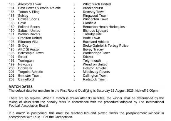 The draw for the FA Vase First Qualifying Round has been published.

Ties to take place on the weekend of Saturday 23rd August.