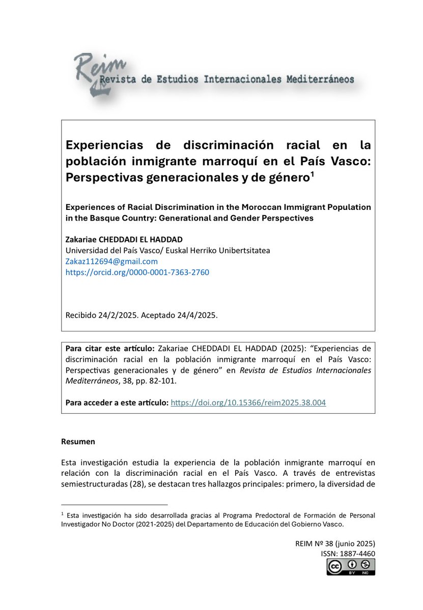 REIMrevista (@reimrevista) on Twitter photo 📘En el último número de la REIM puedes consultar «Experiencias de discriminación racial en la población inmigrante marroquí en el País Vasco:
Perspectivas generacionales y de género», artículo de <a href="/zakacheddadi/">zakariae.cheddadi</a>.
Acceso:
revistas.uam.es/reim/article/v… 📘En el último número de la REIM puedes consultar «Experiencias de discriminación racial en la población inmigrante marroquí en el País Vasco:
Perspectivas generacionales y de género», artículo de <a href="/zakacheddadi/">zakariae.cheddadi</a>.
Acceso:
revistas.uam.es/reim/article/v…