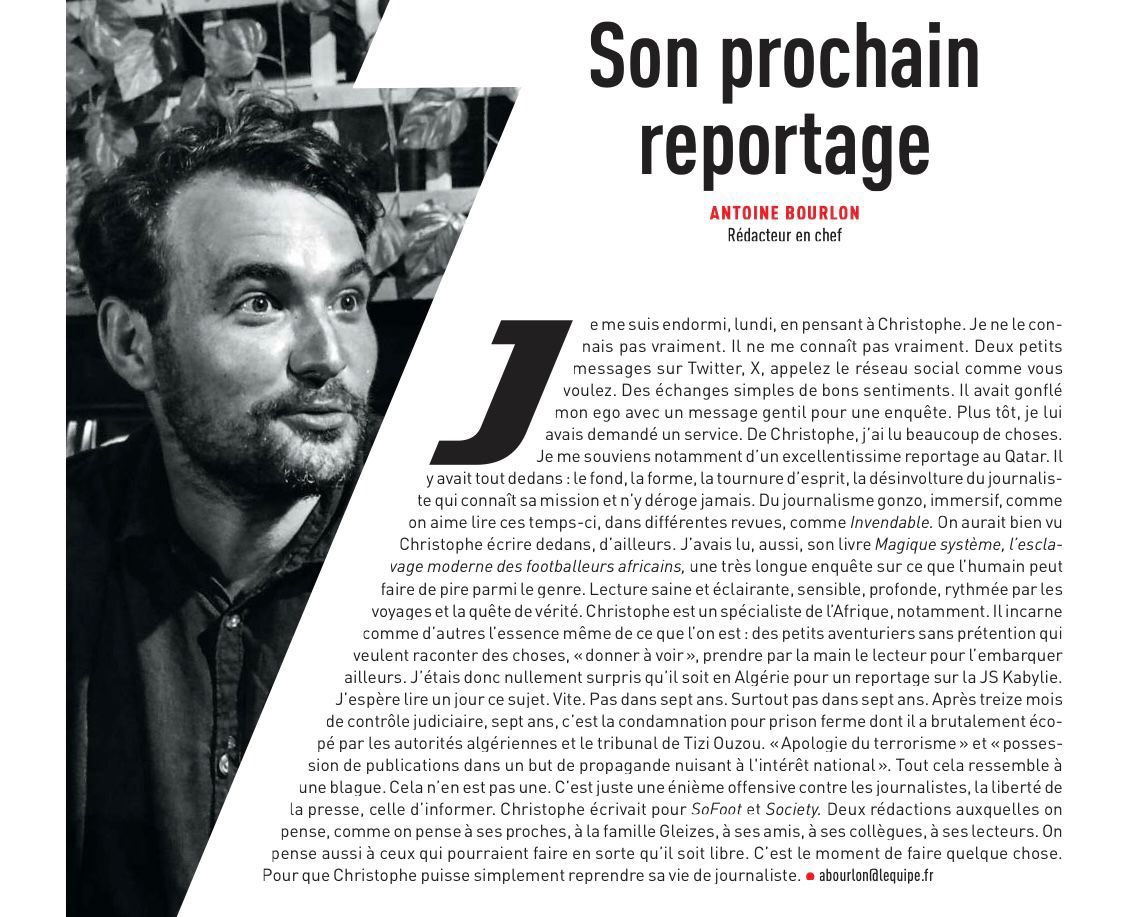javier prieto santos (@tellementjps) on Twitter photo Un grand merci à <a href="/AntoineBourlon/">Antoine Bourlon</a> pour son édito consacré à Christophe Gleizes dans l’Equipe Mag. #FreeGleizes Un grand merci à <a href="/AntoineBourlon/">Antoine Bourlon</a> pour son édito consacré à Christophe Gleizes dans l’Equipe Mag. #FreeGleizes