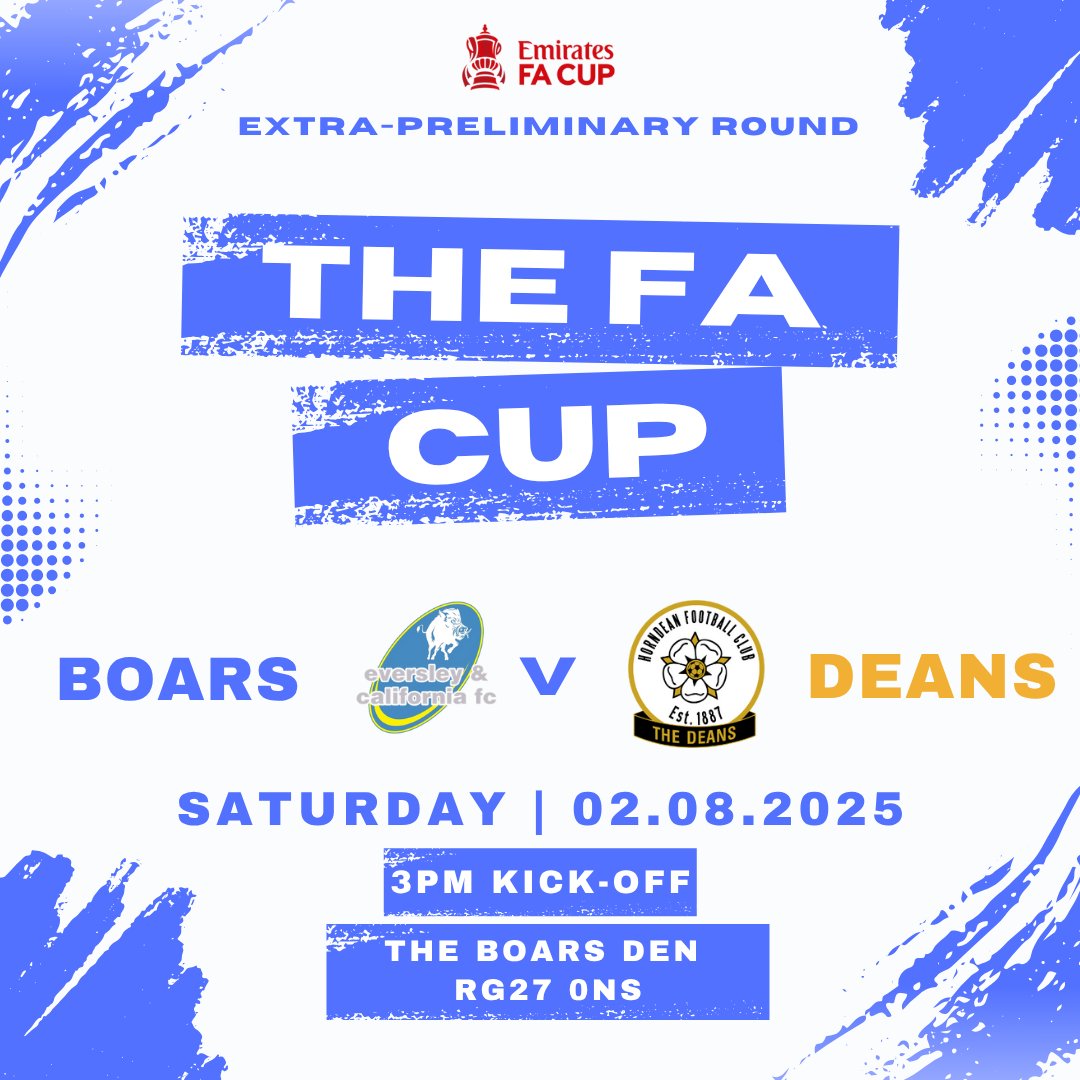 Eversley & California FC π (@eversleycalifc) on Twitter photo π
π πππ ππππ... π
We have been drawn at home vs <a href="/Horndean_FC/">Horndean FC</a> in the extra-preliminary round of the <a href="/EmiratesFACup/">Emirates FA Cup</a>.
We look forward to welcoming The Deans to The Boars Den on the first weekend in August. Fixture set for 3pm but subject to change.
#UpTheBoarsπ #FACup π
π πππ ππππ... π
We have been drawn at home vs <a href="/Horndean_FC/">Horndean FC</a> in the extra-preliminary round of the <a href="/EmiratesFACup/">Emirates FA Cup</a>.
We look forward to welcoming The Deans to The Boars Den on the first weekend in August. Fixture set for 3pm but subject to change.
#UpTheBoarsπ #FACup