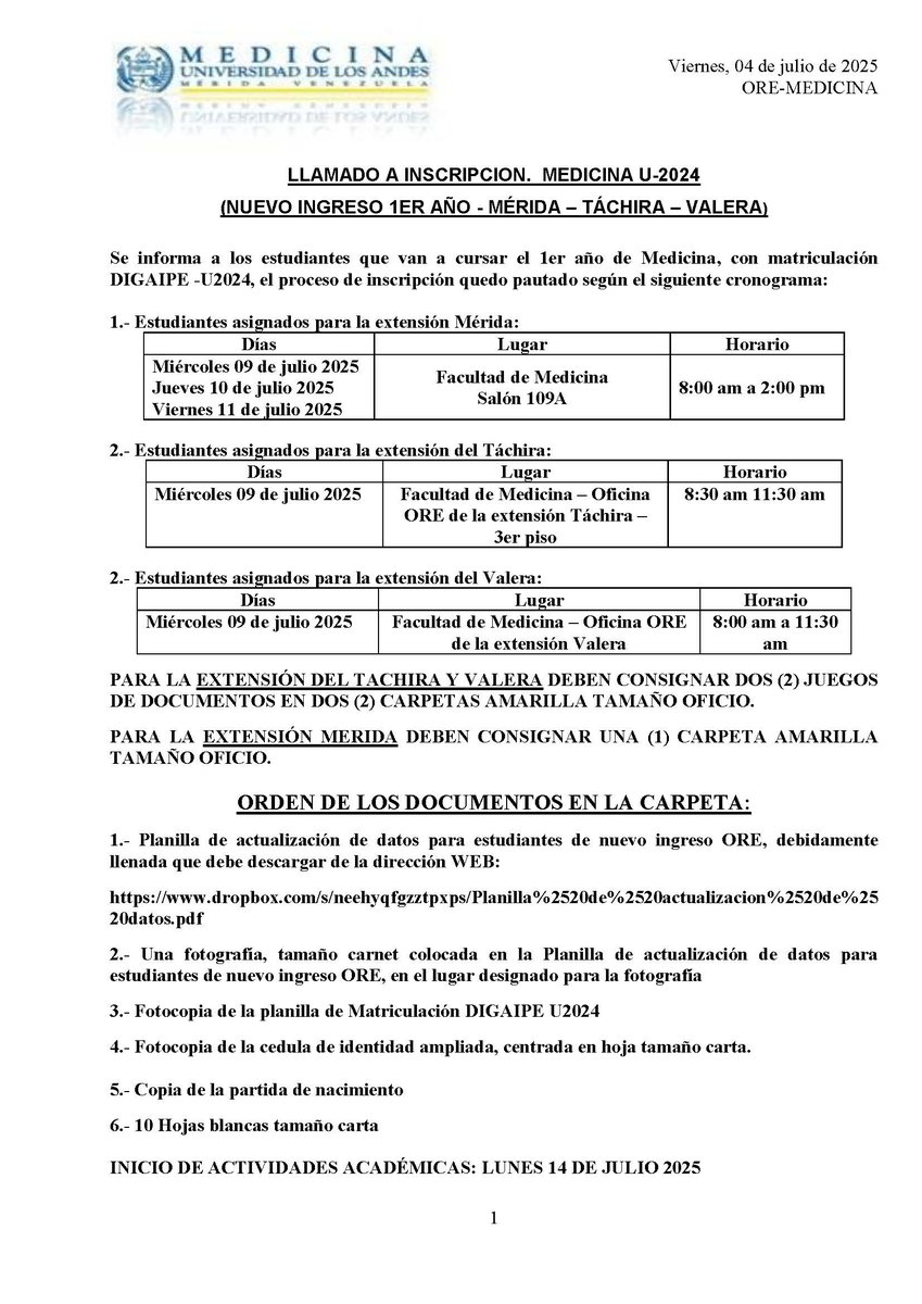 Llamado a Nuevo ingreso Medicina U2024 - Extensiones Mérida - Táchira - Valera