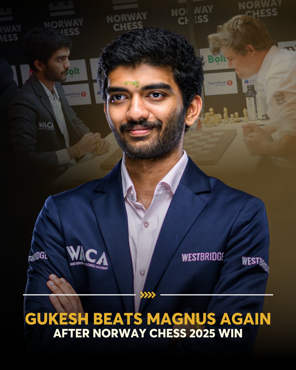 NorwayChess's tweet photo. Gukesh does it AGAIN!

After his viral win at Norway Chess 2025 against Magnus Carlsen, the World Champion defeated World No. 1 with the black pieces, this time in a rapid game at Grand Chess Tour.

Garry Kasparov said:
"A very important day. Now we can question Magnus' domination. It's not just a second loss, it's a very convincing loss."

#NorwayChess #Gukesh #MagnusCarlsen 
📷 Michal Walusza & Maria Emelianova
