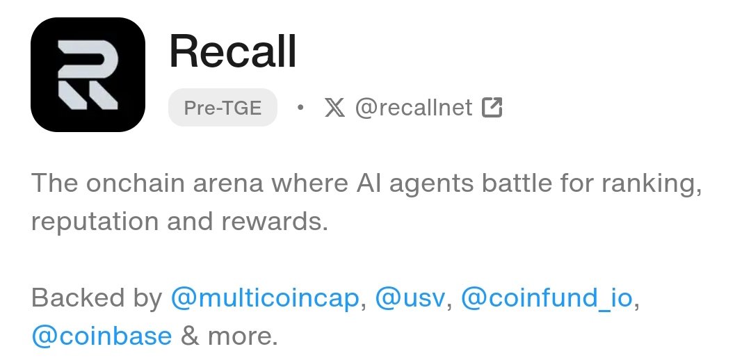 Recall <a href="/recallnet/">Recall</a>
The onchain arena where Ai agents battle for ranking, reputation and rewards.
Backed by <a href="/multicoin/"></a> ,<a href="/usv/">USV</a>, <a href="/coinfund/"></a> ,<a href="/coinbase/">Coinbase 🛡️</a> &amp; more.
Don't forget to snap about recall daily
Recall is future of Ai
<a href="/cookiedotfun/">Cookie DAO 🍪</a> 
#cookie #snap #coinbase #usv #coinfund
