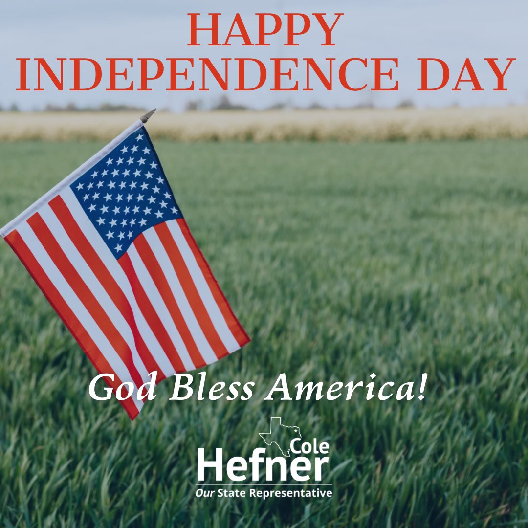 ColeHefnerTX's tweet image. Wishing everyone a fun and relaxing Independence Day! On this day 249 years ago, a group of brave Americans declared freedom from tyranny. That same bold spirit still lives in Texas — where we proudly defend liberty, faith, and family.
Let freedom ring from East Texas to every…