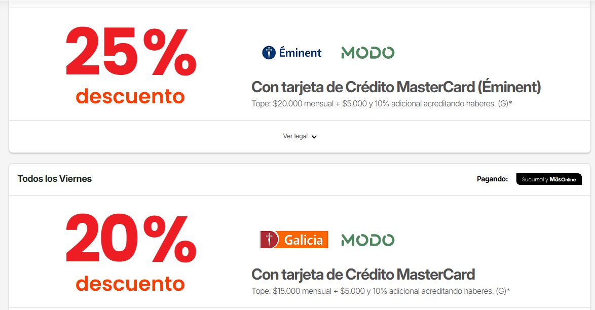 ChangoMâs
MâsOnline

Hoy viernes:
✔️ 15% de descuento CON TARJETA DE CRÉDITO.
✔️ 20% de descuento CON TARJETA DE DÉBITO.
Vigencia: solo por hoy viernes.

APLICAN EXCLUSIONES: NO INCLUYE CARNES VACUNAS, POLLO, ELECTRONICOS, ELECTRODOMESTICOS, CLIMATIZACION, LINEA BLANCA, SERVICIOS