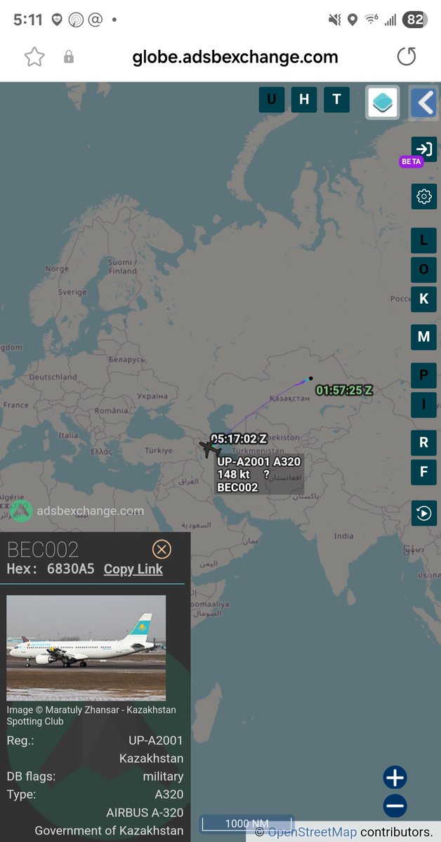Borrowed7Time's tweet photo. Kazakhstan Govt A-320 UP-A2001 #6830A5 as BEC002 flew from Astana to Fuzuli for the 17th Summit of the Economic Cooperation Organization (ECO).
@sipjack1776 @Dinlas3 https://t.co/5AjPf8lMI3