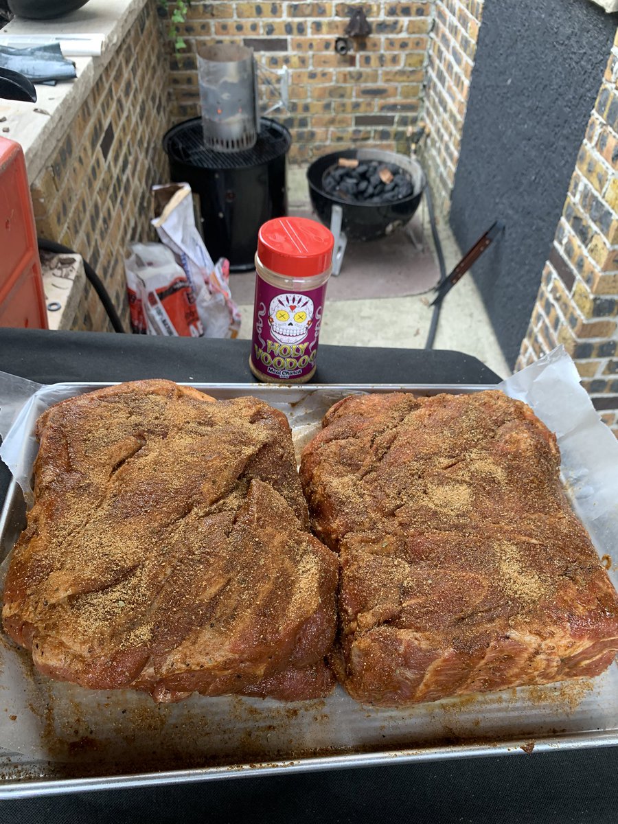 Pork butts trimmed rubbed and wrapped last night. Fresh coat of rub thrown on while smoker gets going. 17.5 lbs combined. Love a pulled pork day. For America 🇺🇸. #Dadsbegrillin #dadsbesmokin  <a href="/MeatChurch/">Meat Church ™</a>