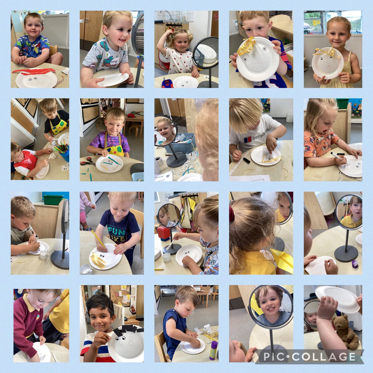 LittleEarthOE's tweet photo. We have been making our faces into paper plate collages this week. 
Don’t we all look great 😊 https://t.co/go4LQ7h1dX