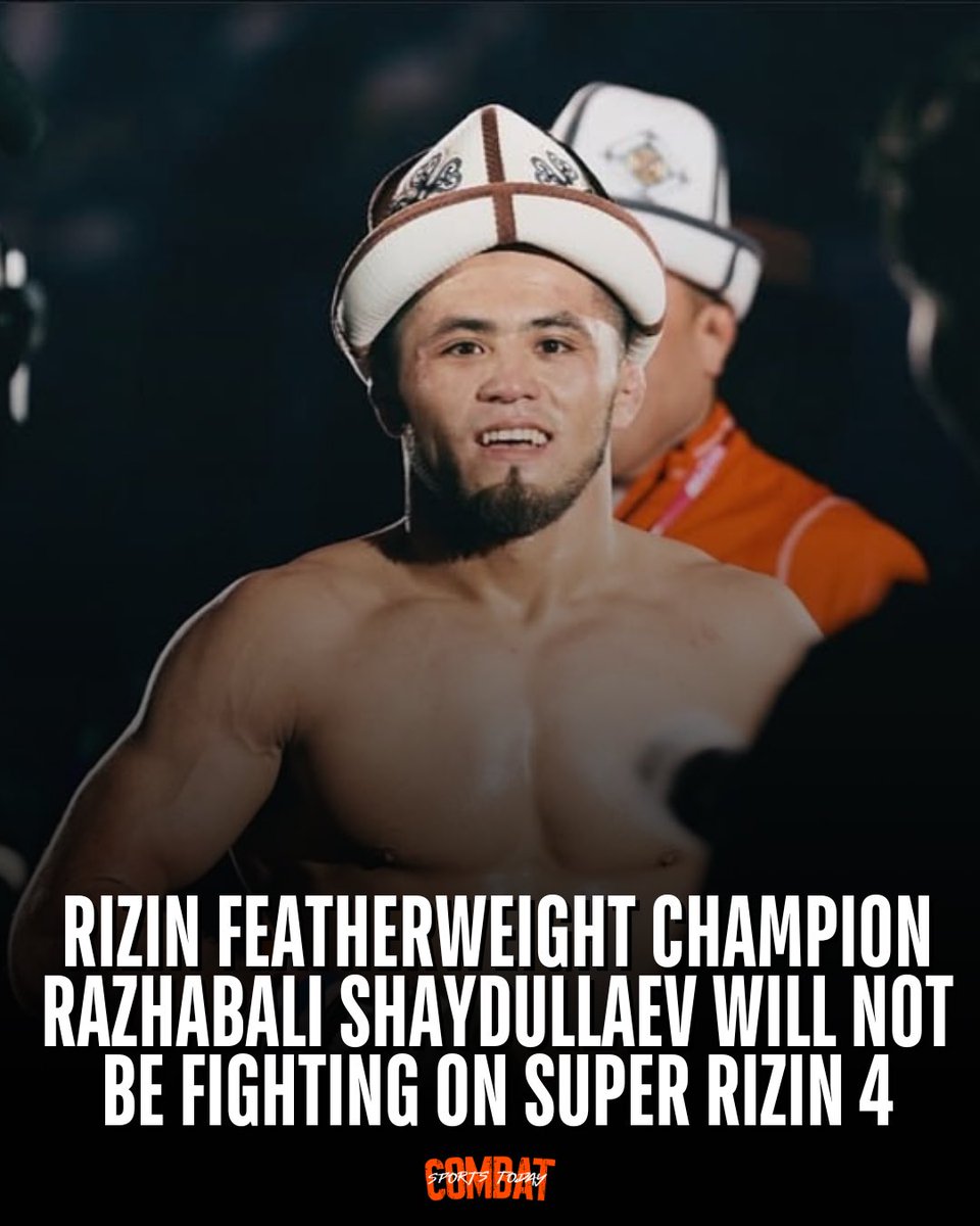 🚨RIZIN featherweight champion Razhabali Shaydullaev will not be fighting at #超RIZIN4 on July 27th. 

Unfortunately, the promotion was unable to secure an opponent in time for the champion — 

🤕Vugar Karamov – Facial fracture.
🤕Viktor Kolesnik – Hand &amp; foot injuries.
🤕Ilkhom