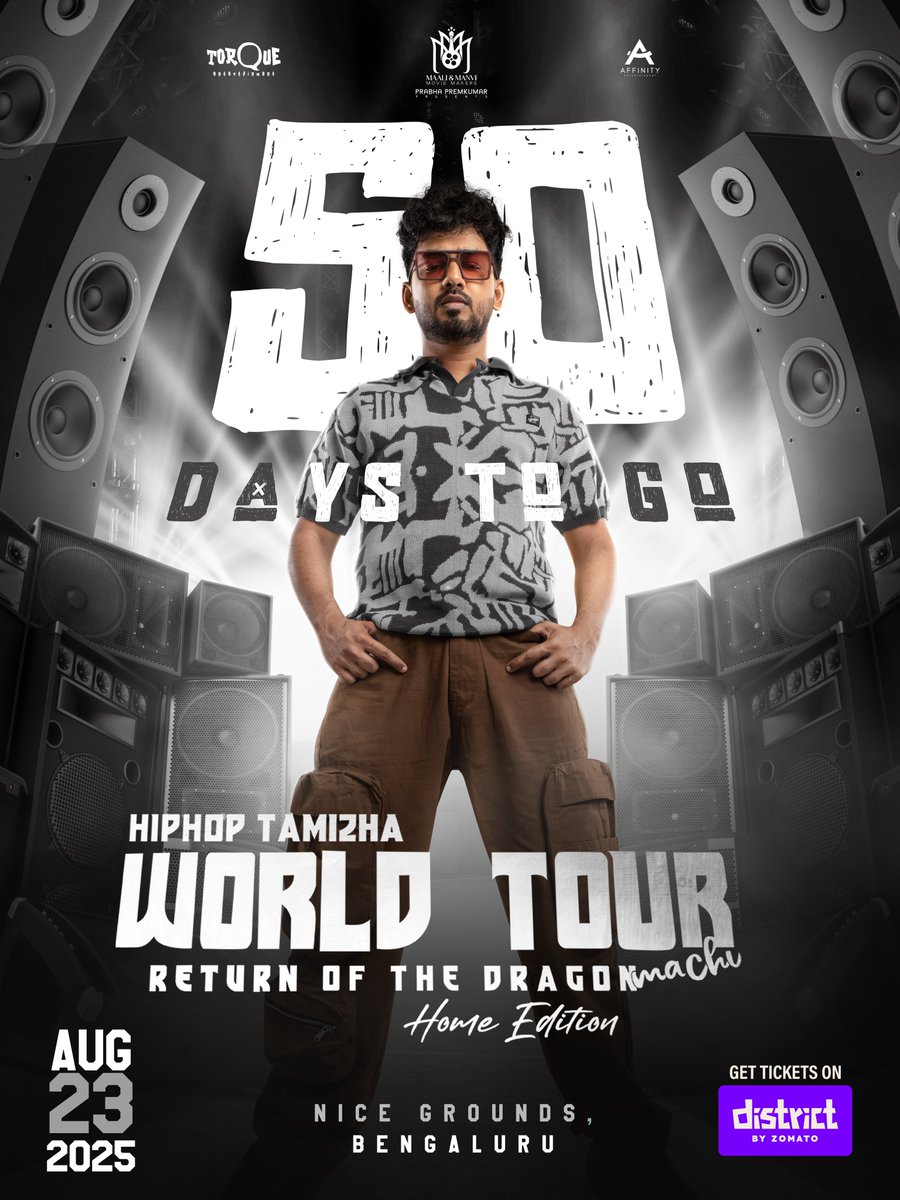 TorqueEntertai1's tweet photo. 50 days till Bengaluru turns into a BEAT STORM! ๐ฅ
Hiphop Tamizha brings Return of the Dragon (Home Edition) to NICE Grounds on Aug 23.
๐๏ธ Get your tickets on @districtupdates โ Link in bio
@sakthitorqueent @hiphoptamizha
#HHTWorldTour #LiveInBangalore #ReturnOfTheDragon https://t.co/jy2YElksUN