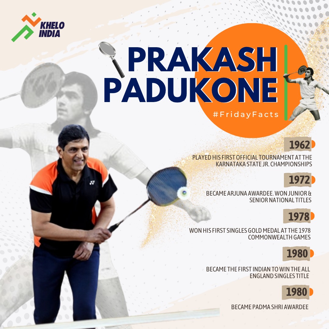kheloindia's tweet image. A pioneer. A legend. The man who put Indian badminton on the world map. 🏸

Take a look at the iconic milestones in Prakash Padukone’s journey - a legacy that still inspires generations. 

#FridayFacts #KheloIndia #BadmintonLegend

@mansukhmandviya @khadseraksha