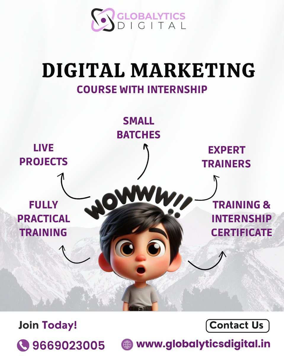Globalytics_'s tweet photo. Globalytics Digital's #DigitalMarketing course with internship is your career rocket fuel! 🚀 Live projects, expert trainers, and a certificate? "Wowww!!" Your future self will thank you. Join today! 📞 9669023005 #SkillUp #DigitalMarketingCourse #Internship #CareerGoals ✨ https://t.co/FYoNKu2c6l