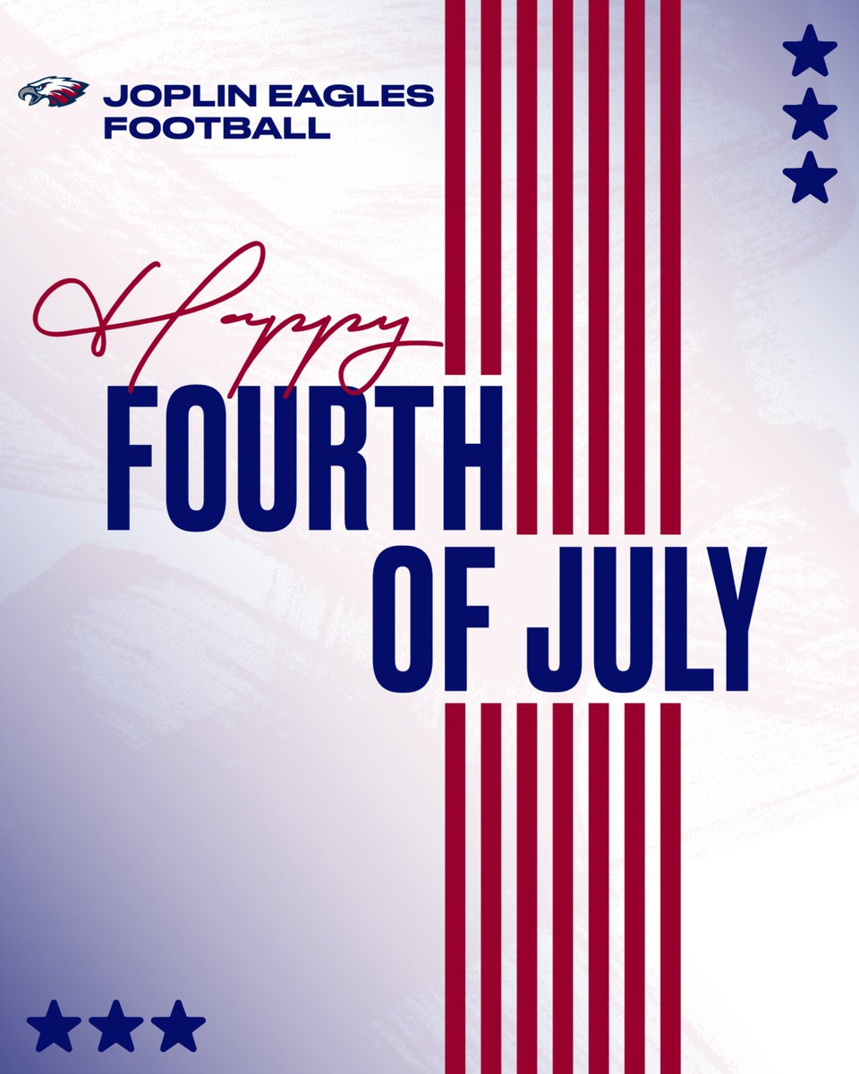 Happy 4th of July from Joplin Eagles Football! 

Enjoy a fun, safe, and relaxing day full of food, fireworks, and family! 

#GoEagles #RTS #ThePriceToPay #4thofJuly