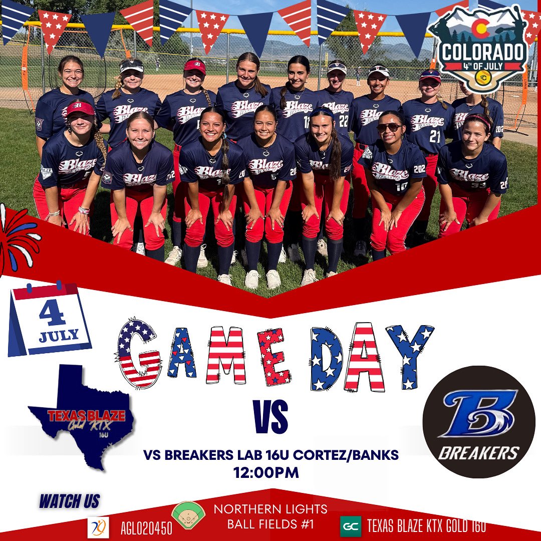 Our girls are back at it at the Colorado 4th of July Sparkler!
We take on Breakers Lab 16U at 12:00PM on Northern Lights Field #1 🔥🥎

If we WIN ➡️ we’re back on the field at 4:00PM today
If we fall short ➡️ we regroup and battle again on Saturday at 10:00AM!