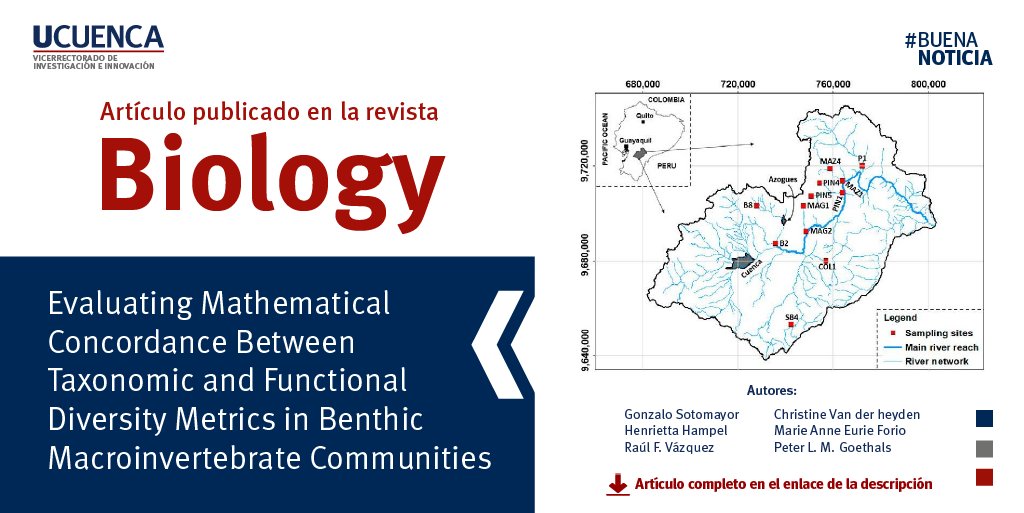 Vicerrectorado de Investigación (@investiga_udc) on Twitter photo #BuenaNoticia #LecturaRecomendada |💧En este estudio analizamos datos de la cuenca del río Paute para evaluar qué tan bien se alinean entre sí las métricas de diversidad taxonómica y funcional de macroinvertebrados.
👉doi.org/10.3390/biolog…
<a href="/Ing_UCuenca/">Ingeniería U.Cuenca</a> <a href="/udecuenca/">UCuenca</a> <a href="/uhemisferios/">Universidad Hemisferios</a> #BuenaNoticia #LecturaRecomendada |💧En este estudio analizamos datos de la cuenca del río Paute para evaluar qué tan bien se alinean entre sí las métricas de diversidad taxonómica y funcional de macroinvertebrados.
👉doi.org/10.3390/biolog…
<a href="/Ing_UCuenca/">Ingeniería U.Cuenca</a> <a href="/udecuenca/">UCuenca</a> <a href="/uhemisferios/">Universidad Hemisferios</a>