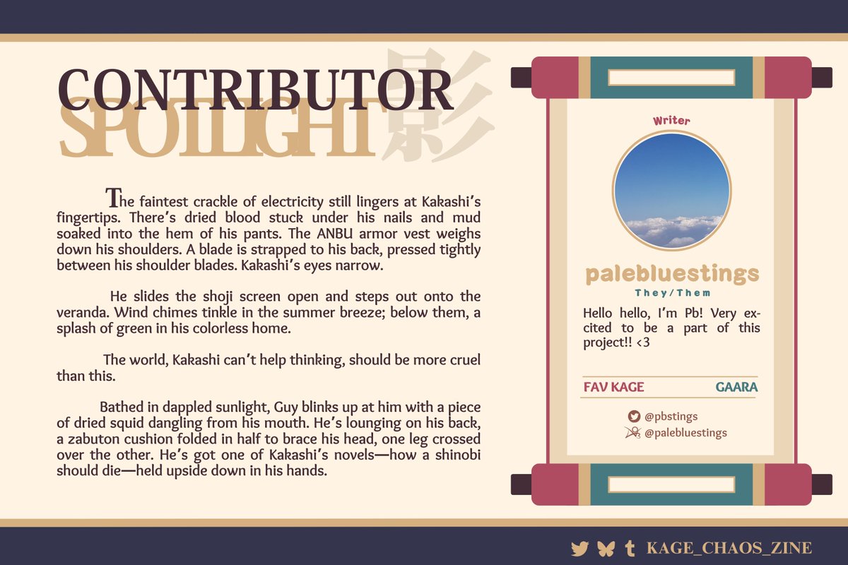 Kage_Chaos_Zine's tweet photo. 📜Team Placement Announcement📜   

The Gokage have gathered their team and are proud to announce @pbstings for their writer squad!    

#NARUTO #BORUTO #ナルト #ボルト #zine #fanzine https://t.co/VQ4SEFF40Y
