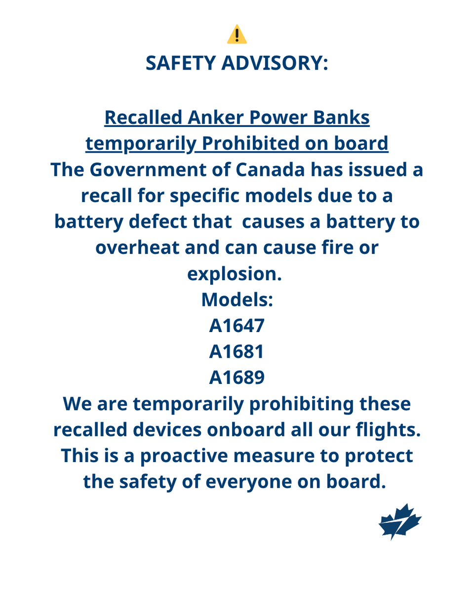 WestJet's tweet image. ⚠️ SAFETY ADVISORY: Recalled Anker Power Banks temporarily prohibited on board
ms.spr.ly/6017SNFAS