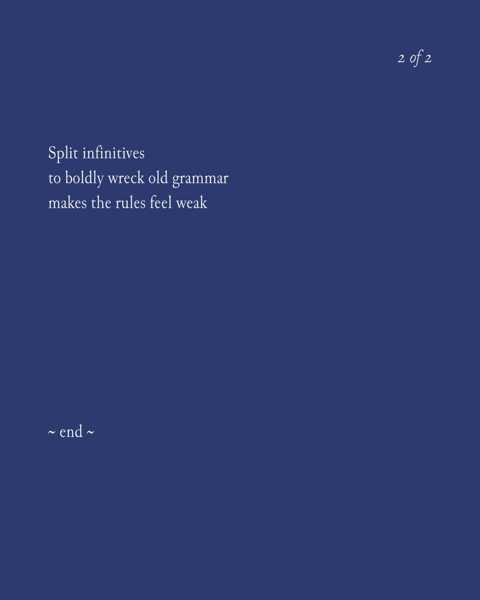 Split infinitives—
to boldly wreck old grammar
makes the rules feel weak
—
Free forever → saminpractice.substack.com ✓
#bookstagram • #bookishfeature • #recentlyread • #fantasybookstagram — #playful • #rulebreaking • #splitinfinitive • #subversive