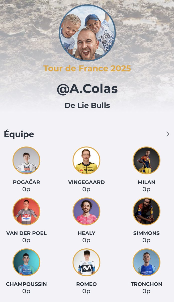Voilà ma sélection pour #TDF2025 via <a href="/AppCycling/">Cycling Fantasy App</a> et toujours pour la Team <a href="/DelieBulls/">DeLie Bulls</a> 

Et vous !? 

#TDF2025 #TourDeFrance2025 #Fantasy #DeLieBulls