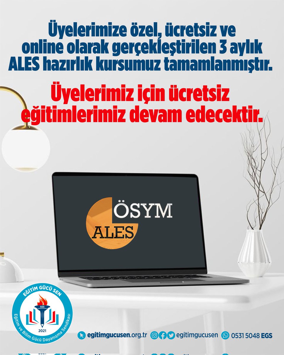 Üyelerimize özel, ücretsiz olarak sunduğumuz 3 aylık online ALES hazırlık kursumuz sona ermiştir.

Eğitim Gücü-Sen olarak, üyelerimizin kişisel ve mesleki gelişim yolculuklarında her zaman yanlarında olmaya devam edeceğiz.