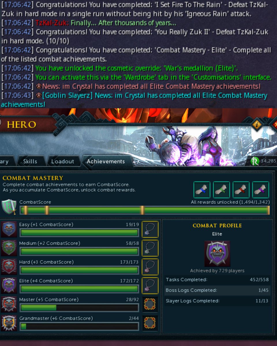 729th person to achieve Elite Combat Mastery! 🥳

I never thought this was possible, but today I completed Elites CAs on stream and I'm beyond ecstatic! From 26,925 to 34,285 RuneScore, it's been a massive learning curve and surreal experience! 

Clip: twitch.tv/imxcrystal/cli…