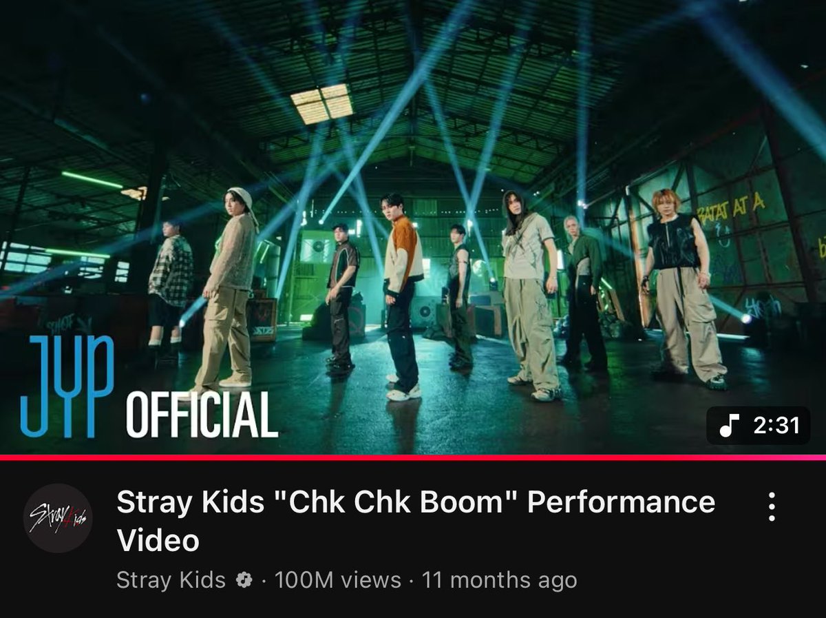 Skzpop 😌 (@minbinbabe) on Twitter photo Chk Chk Boom Performance Video has surpassed 100M views on YouTube.
It’s StrayKids first Performance Video to surpass this milestone!
<a href="/Stray_Kids/">Stray Kids</a> #StrayKids #스트레이키즈 #スキズ Chk Chk Boom Performance Video has surpassed 100M views on YouTube.
It’s StrayKids first Performance Video to surpass this milestone!
<a href="/Stray_Kids/">Stray Kids</a> #StrayKids #스트레이키즈 #スキズ
