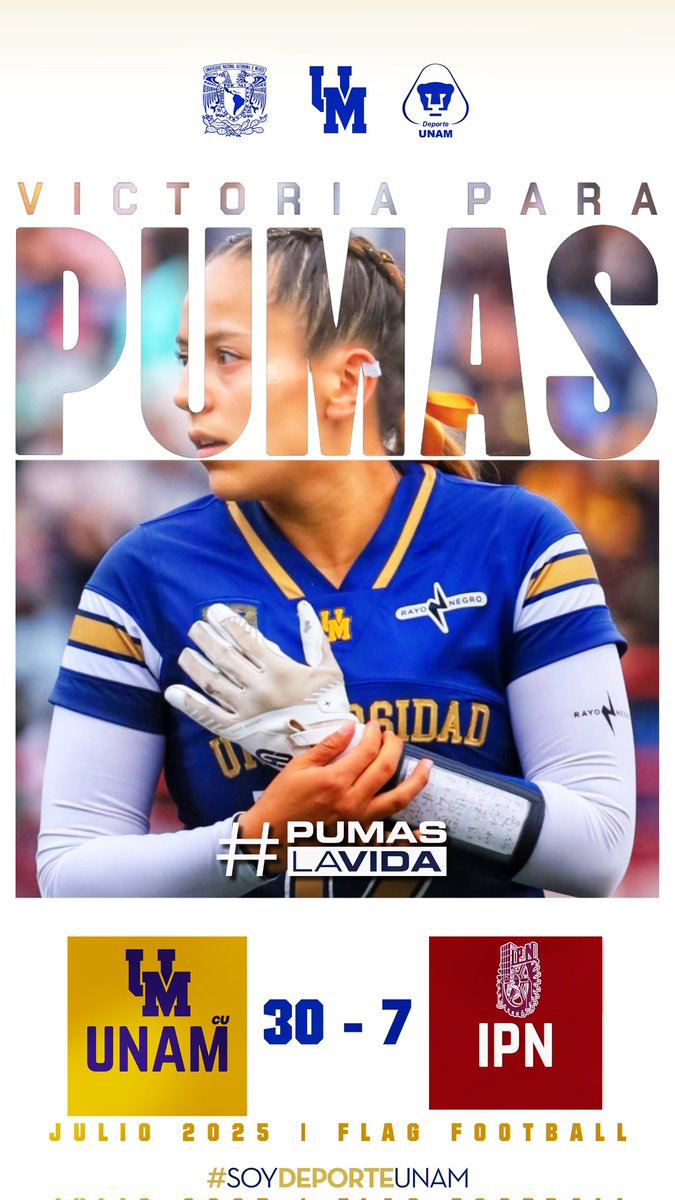 PUMASCUfanbase's tweet image. No solo en la ONEFA...
¡DOMINIO TOTAL HASTA EN EL FLAG FOOTBALL!
Las Pumas flag de nuestra gran UNIVERSIDAD @UNAM_MX rugen fuerte y vencen 30-7 al @IPN_MX con liderazgo y garra universitaria.
Shantal Bravo, la versatil jugadora auriazul, brilla como una de las jugadoras…