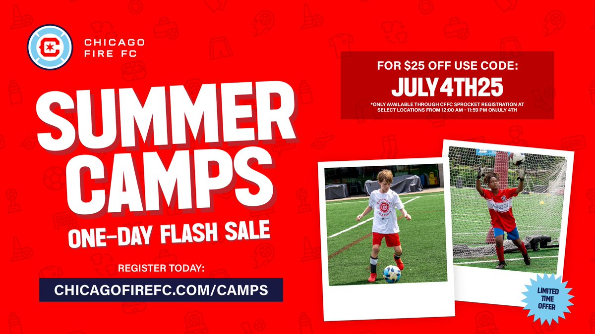 Happy 4th of July! 🎇 Celebrate with $25 off <a href="/ChicagoFire/">X - Chicago Fire FC</a> summer camps, today only 🌞

🔗: chicagofirefc.com/camps