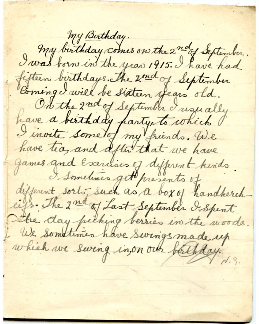 hfnlca's tweet photo. One of the most interesting items from the Butler Family Collection is Jean's school book from ~1930/1931 at Burnt Head School. 

Inside is a short essay titled “My Birthday”, a sweet anecdote of how she likes to spend her birthdays.

#Cupids #NL #heritagenl https://t.co/bd52MfyyO7