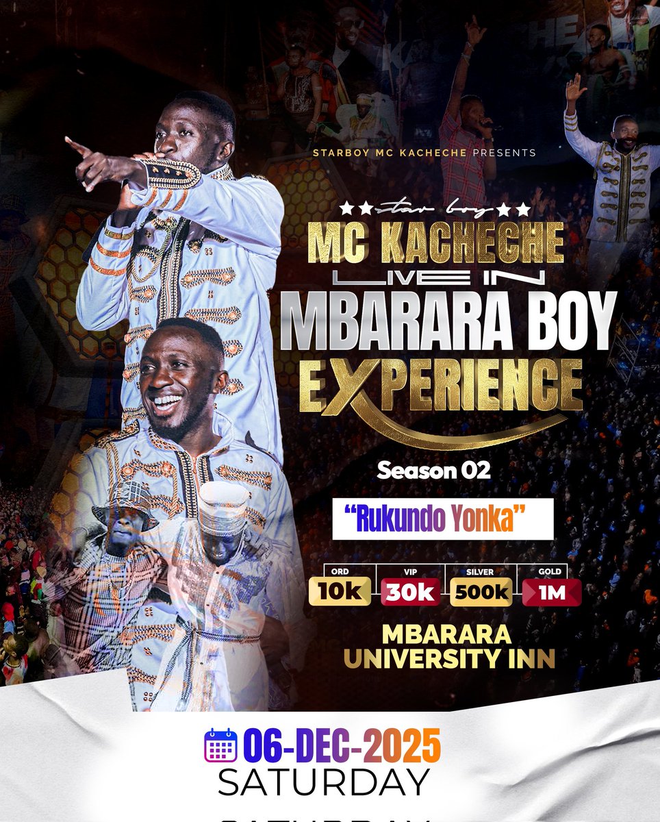 Due to public demand..... 

6th December we're back, bigger and better at Mbarara University Inn - Mbarara Boy Experience Season 2

#MbararaBoyExperienceSn2