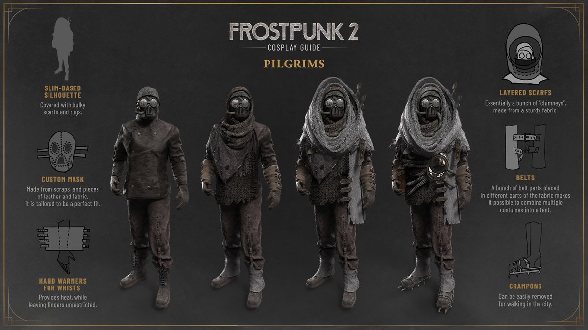 frostpunkgame's tweet image. Citizens! 🗣️ Many of you asked, and Steward delivered. The first batch of our #Frostpunk 2 Cosplay Guides is here!
Now you can embody a true Pilgrim and proudly stand against Order, all while dressed in a lore-accurate outfit ✨