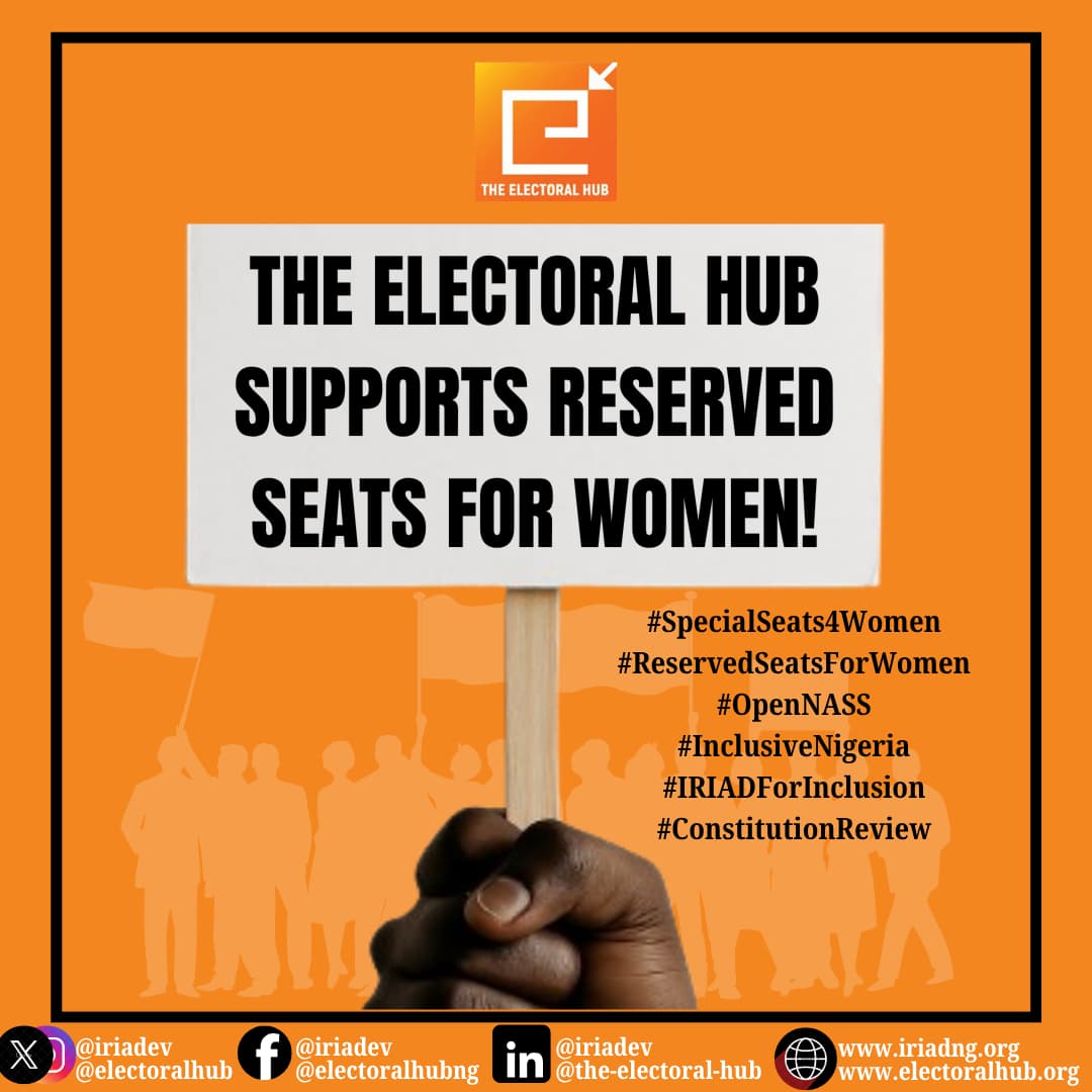 ElectoralHub's tweet photo. The Electoral Hub supports Reserved Seats for Women!!!

#SpecialSeats4Women
#ReservedSeats4Women
#OpenNASS
#InclusiveNigeria
#IRIADForInclusion
#ConstitutionalReview https://t.co/yD6yAZoQ0q