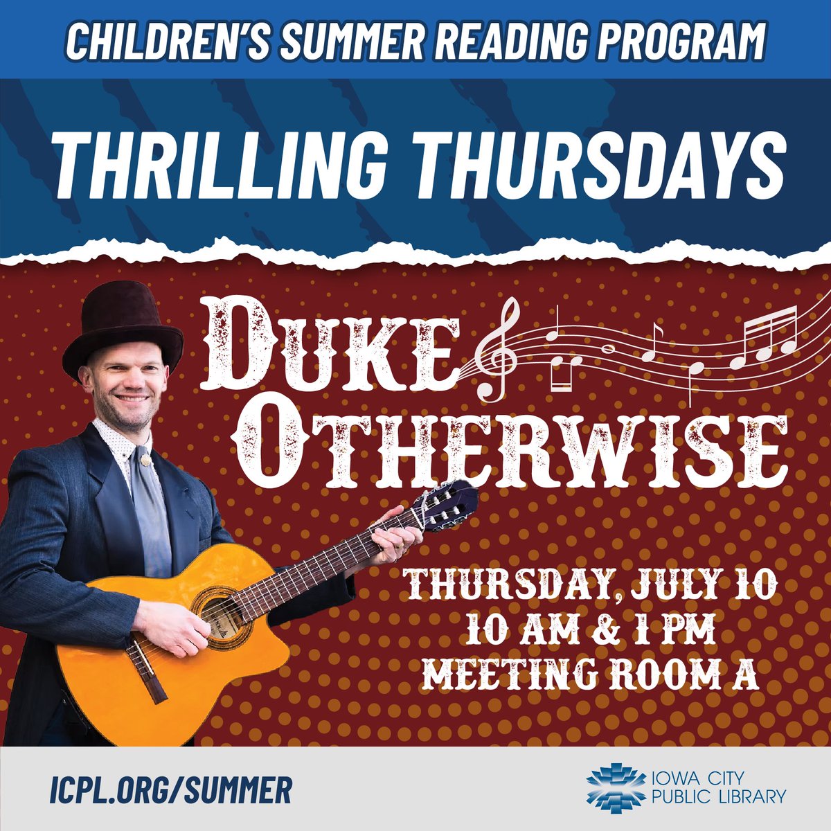 Join us for Duke Otherwise with his guitar, tap shoes, and distinct baritone on Thursday, July 10 at 10 a.m. and 1 p.m.! Duke is a playful wordsmith, a spirited performer, a skilled guitarist, and captivating tap dancer. ow.ly/FIip50WjTPV