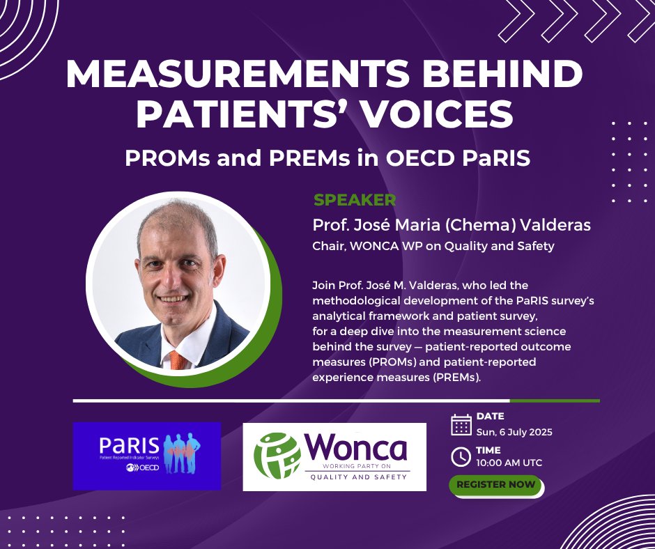 WONCA (@woncaworld) on Twitter photo Join us this Sunday for the final session in our <a href="/OECD/">OECD โก๏ธ Better Policies for Better Lives</a> PaRIS webinar series! <a href="/josemvalderas/">Jose M Valderas</a> will explore the science behind PROMs and PREMs, and how to use PaRIS data in primary care.
๐
6 July | ๐ 10:00 UTC
๐ tinyurl.com/oecd-paris3 Join us this Sunday for the final session in our <a href="/OECD/">OECD โก๏ธ Better Policies for Better Lives</a> PaRIS webinar series! <a href="/josemvalderas/">Jose M Valderas</a> will explore the science behind PROMs and PREMs, and how to use PaRIS data in primary care.
๐
6 July | ๐ 10:00 UTC
๐ tinyurl.com/oecd-paris3