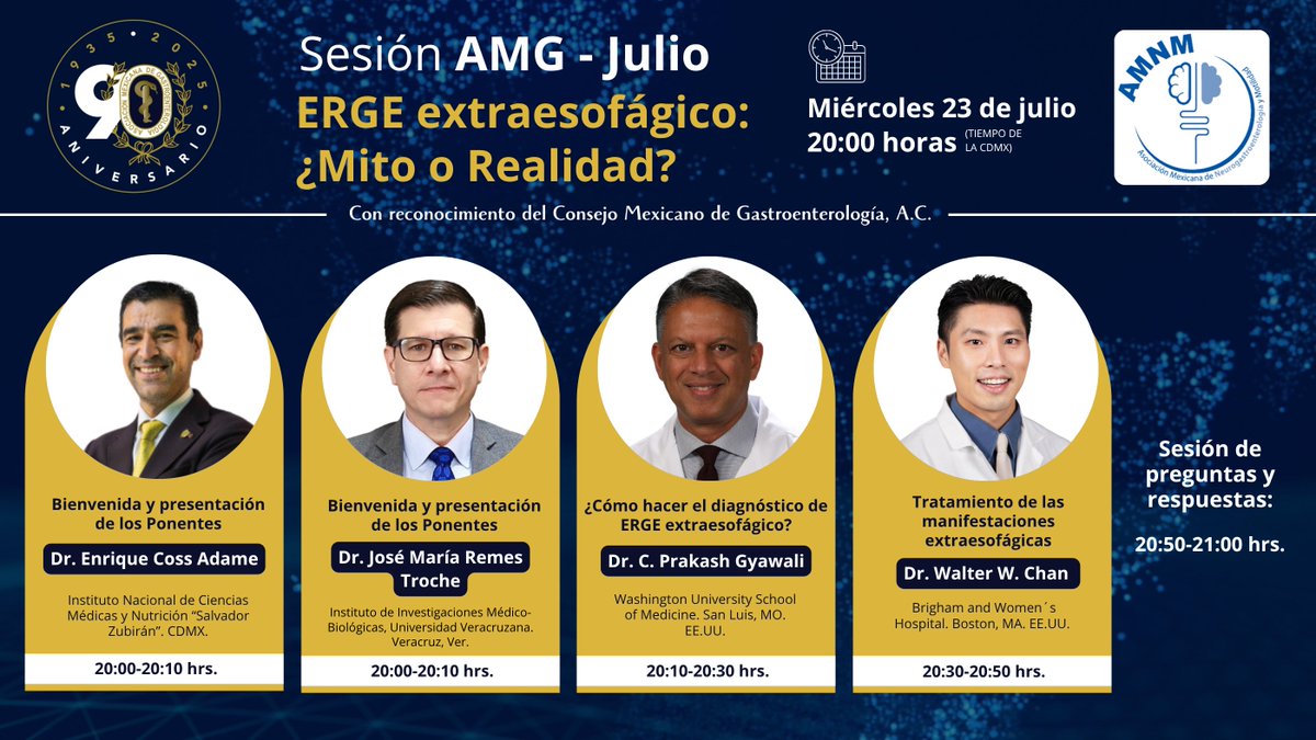 🗓 Miércoles 23 de julio 🕗 20:00 h (Tiempo CDMX)

🟡 Si ya eres socio, ¡ya no necesitas inscribirte como antes! Solo inicia sesión con tu acceso único a la plataforma de la AMG.
sesiones.gastro.org.mx/login/

🟠 Si no eres socio, inicia sesión con tus datos de registro en la