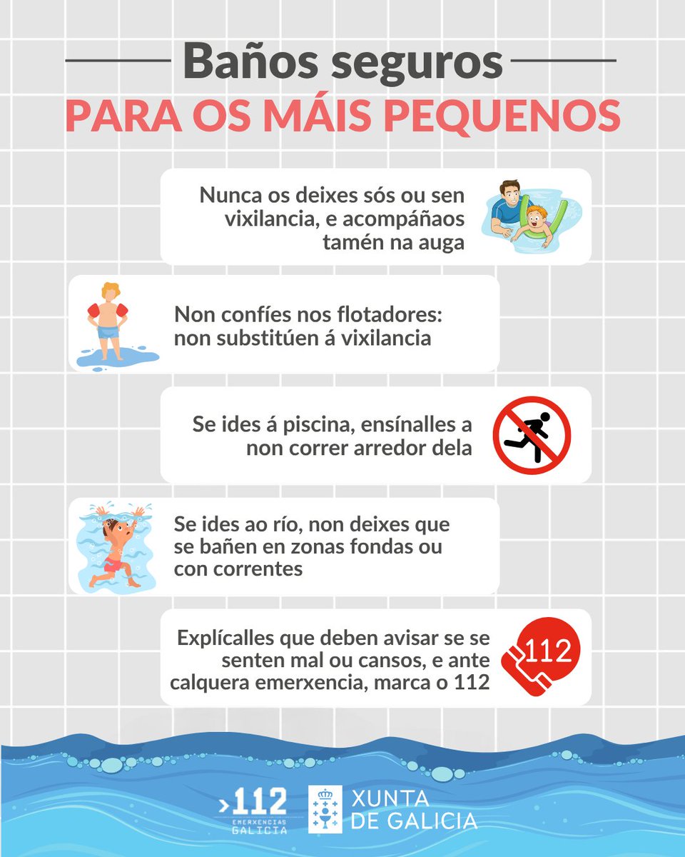 🏞️ Piscinas e ríos: vixilancia continua! Non deixes sós aos cativxs nin un instante e ten precaución en zonas de baño non supervisadas.

#112Galicia #sentidiño