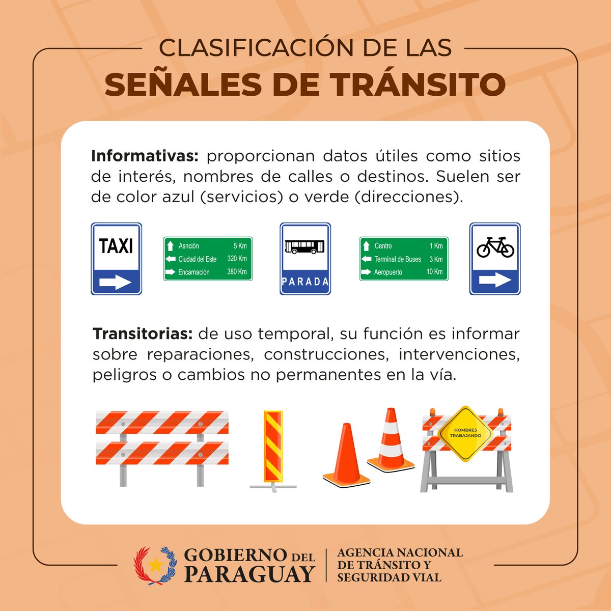 ⚠️🚦 Las señales de tránsito son fundamentales para la seguridad vial, ya que ayudan a organizar el tránsito y a prevenir siniestros. Conocer y respetar las señales de tránsito es responsabilidad de todos.

#GobiernoDelParaguay 🇵🇾