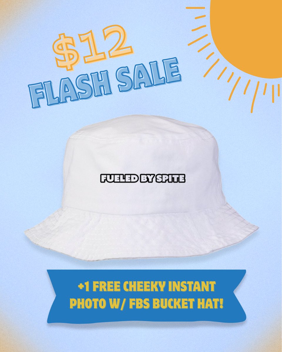 MegTurneyMerch's tweet image. FLASH SALE ☀️ Buy a Fueled By Spite Bucket Hat for just $12 and add-on one Cheeky Instant Photo for FREE! Flash Sale ends at Midnight PDT.