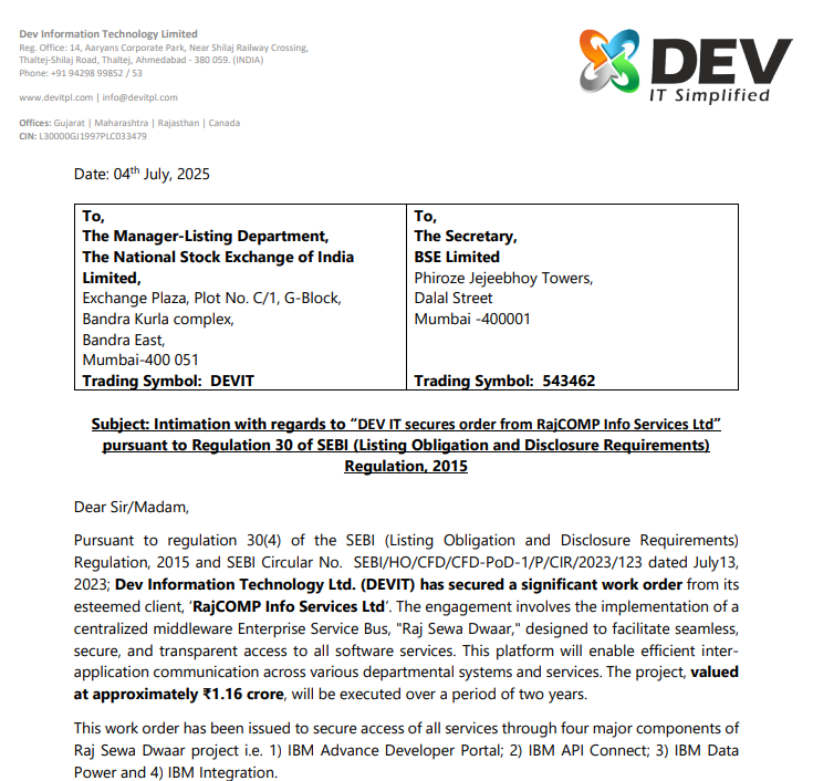 FromRag2riches's tweet image. 🚨DEV INFORMATION TECHNOLOGY
Secured a significant work order from ‘RajCOMP Info Services Ltd’ for implementation of a centralized middleware Enterprise Service Bus, &quot;Raj Sewa Dwaar&quot;
 
🤑1.16 crore

⏰Deadline: 2 years 

#DEVIT 
#RAJCOMP 
#bellchelle 
#RAJ 
#SEWA 
#StockMarket