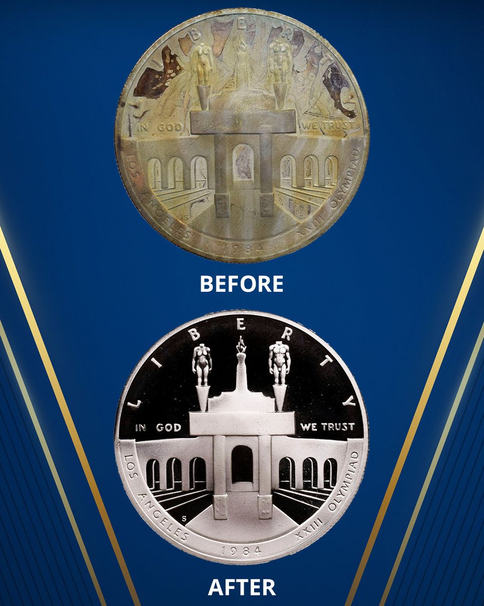 This 1984-S Olympic Silver Dollar was coated in heavy residue, but careful  work by NGC Conservation made the commemorative podium-worthy again. See  the other side and other recently conserved coins: https://t.co/fWLtexmpzk  #numismatics #