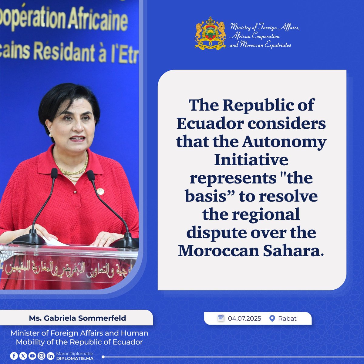 #Moroccan_Sahara: The Position of the Republic of Ecuador expressed by the Minister of Foreign Affairs and Human Mobility, Ms. Gabriela Sommerfeld during the press conference following her meeting with MFA Nasser Bourita