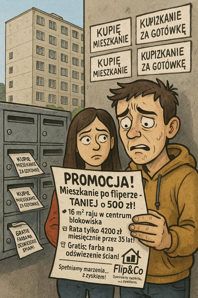 MlodzibezM's tweet photo. 📬 Kiedyś: „Kupię za gotówkę”
Dziś: „Sprzedam 18m² po remoncie z TikToka – PROMOCJA!”
Flipersi już nie skupują, tylko błagają.
🔥 Czas wielkiej wyprzedaży marzeń!
#nieruchomości #mieszkanie #fliperzy #mlodzibezm
👉 https://t.co/Ny3Xy15f2r https://t.co/e3m3RKgZ85