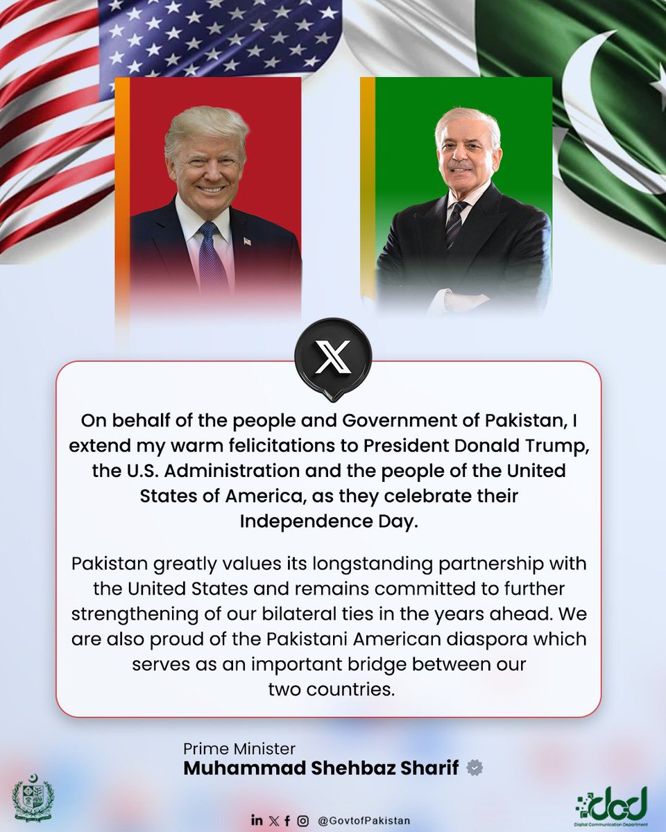 Prime Minister Muhammad Shehbaz Sharif has extended warm congratulations to President Donald Trump, the U.S. administration, and the American people on the occasion of U.S. Independence Day, on behalf of the Government and people of Pakistan.

He also emphasized that Pakistan