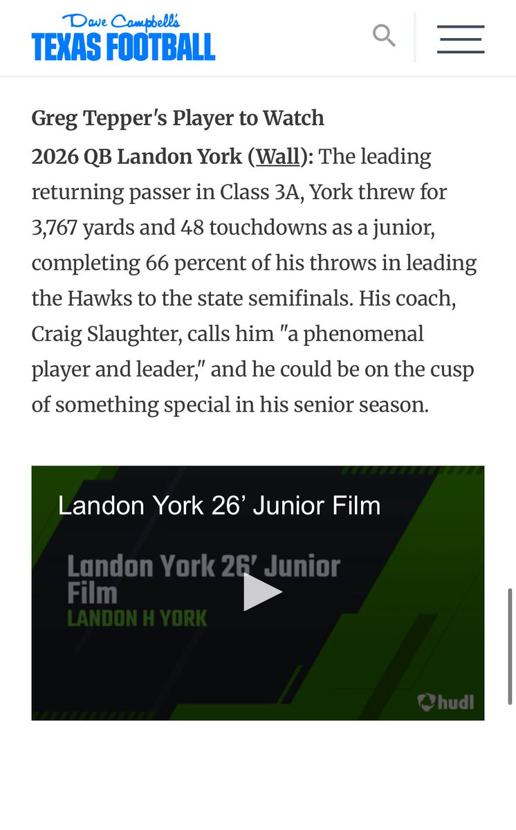 Landon York (@landonyork3449) on Twitter photo Thank you <a href="/Tepper/">Greg Tepper</a> and <a href="/dctf/">Dave Campbell's — TexasFootball.com</a> for the write up!
<a href="/hawks_wall/">Wall Hawk Football</a> <a href="/Paul_Witwer/">Paul Witwer</a> Thank you <a href="/Tepper/">Greg Tepper</a> and <a href="/dctf/">Dave Campbell's — TexasFootball.com</a> for the write up!
<a href="/hawks_wall/">Wall Hawk Football</a> <a href="/Paul_Witwer/">Paul Witwer</a>